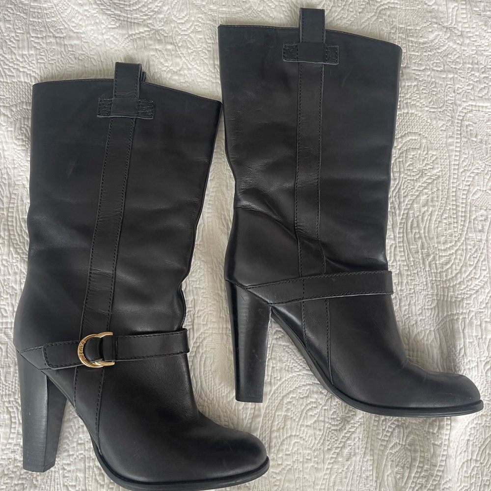 Ralph Lauren Black Heeled Boots with Gold Buckle